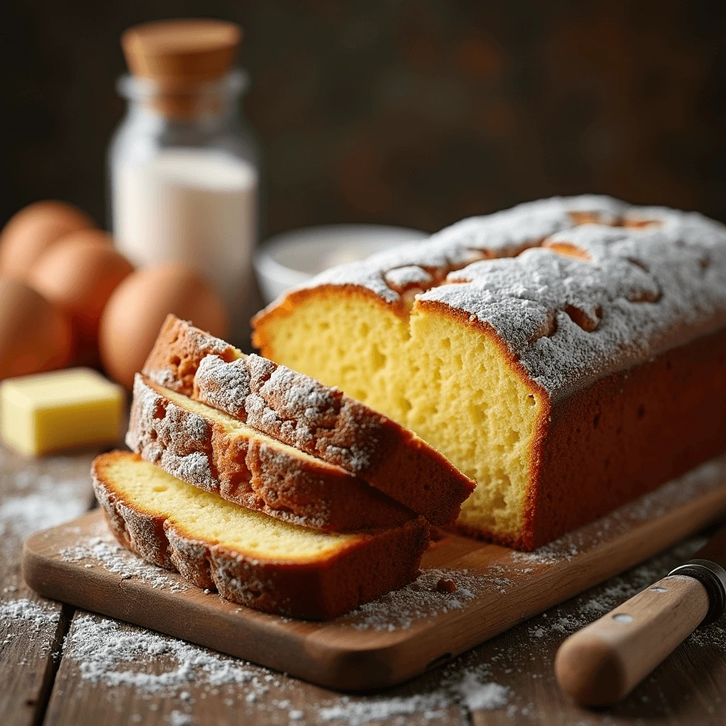 Freshly baked classic pound cake on a wooden board, dusted with powdered sugar, with a slice cut to reveal its moist, fluffy texture.