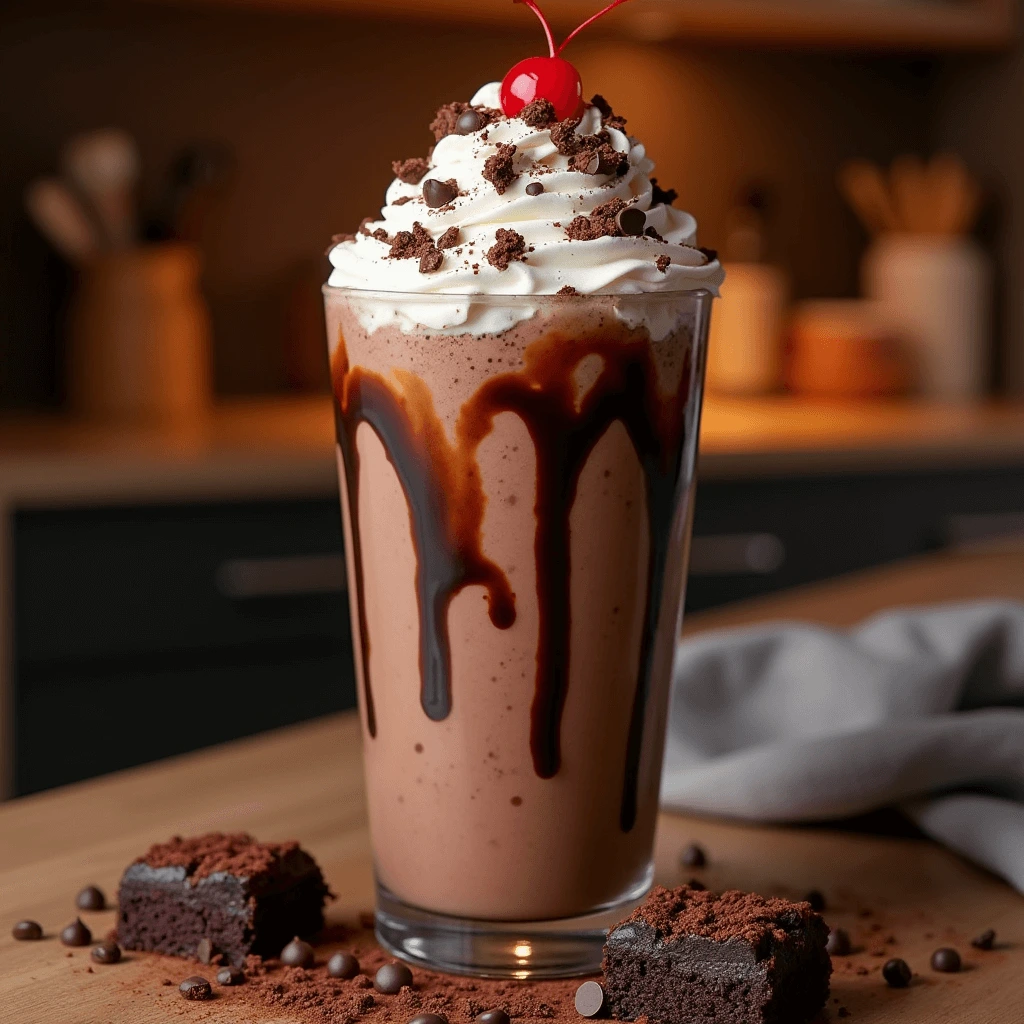 Rich and creamy chocolate cake shake garnished with whipped cream, chocolate syrup, and a maraschino cherry, perfect for dessert lovers.