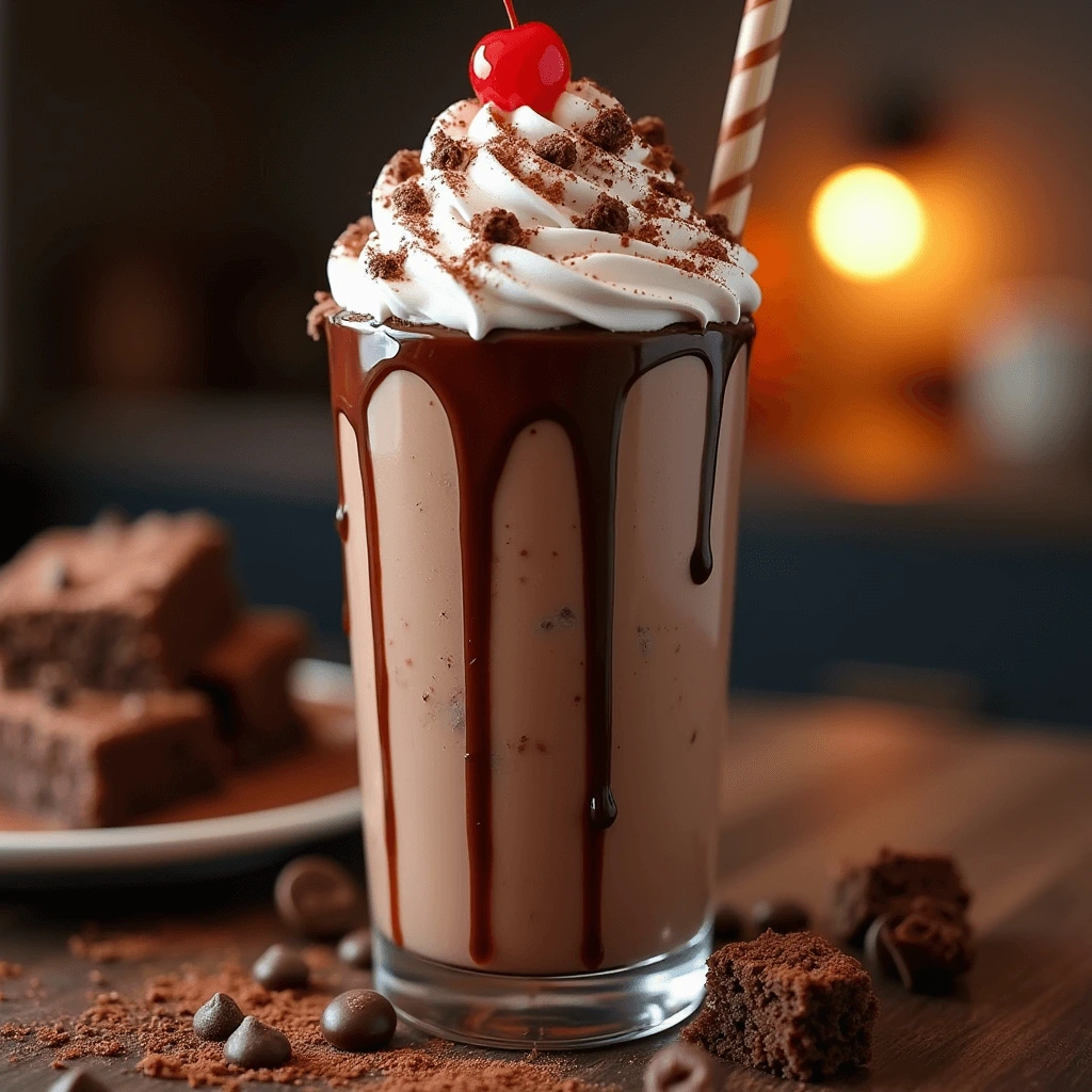 A decadent chocolate cake shake topped with whipped cream, chocolate syrup, and sprinkles of cake crumbs, served in a tall glass.