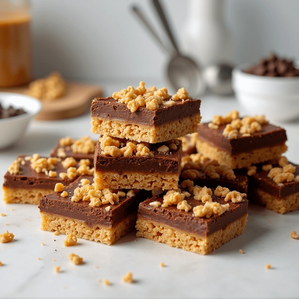 Assorted ingredients for Scotcheroos recipe on a modern kitchen countertop, including peanut butter, chocolate chips, Rice Krispies, butter, and butterscotch chips.