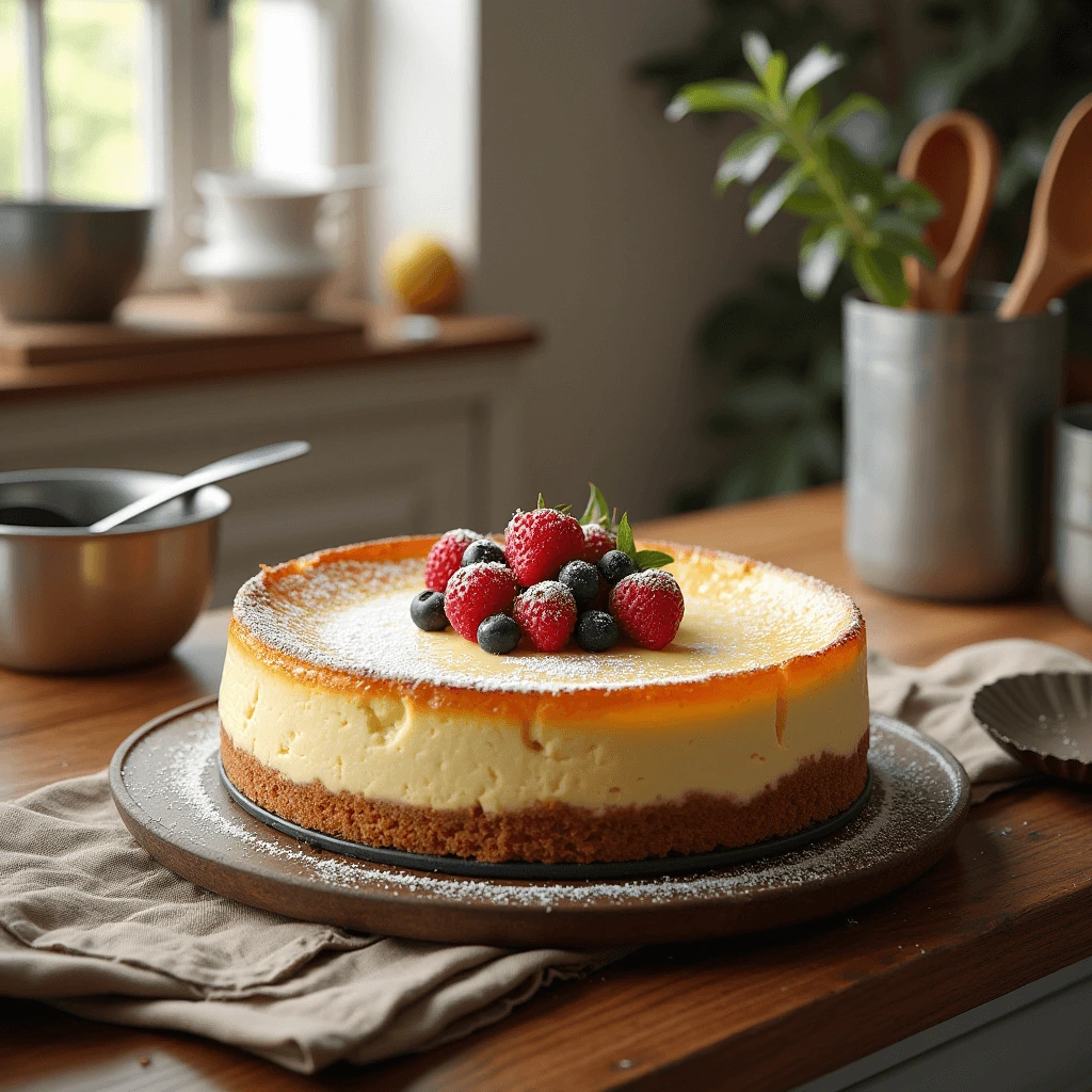 A beautifully sliced piece of New York Cheesecake served on a white plate with a fresh berry garnish.