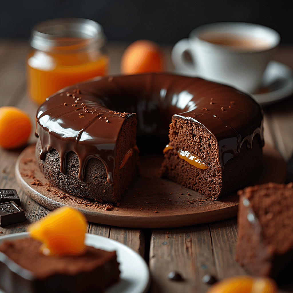 A perfectly glazed Sacher Cake with apricot jam filling, served on a porcelain cake stand.