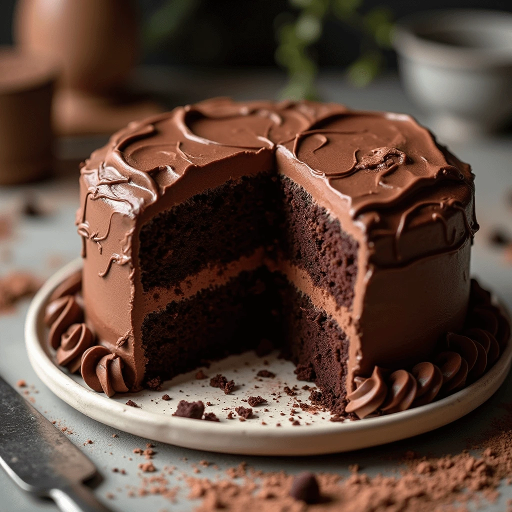 Slice of Matilda cake showing moist, fudgy layers of chocolate cake with rich fudge frosting.