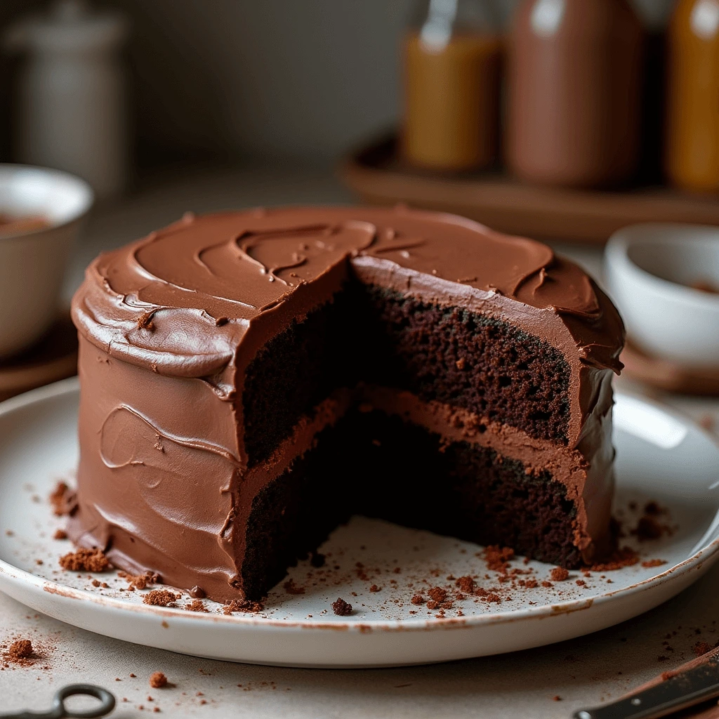 Perfect Matilda cake with rich chocolate fudge frosting, two layers, and chocolate shavings on top.