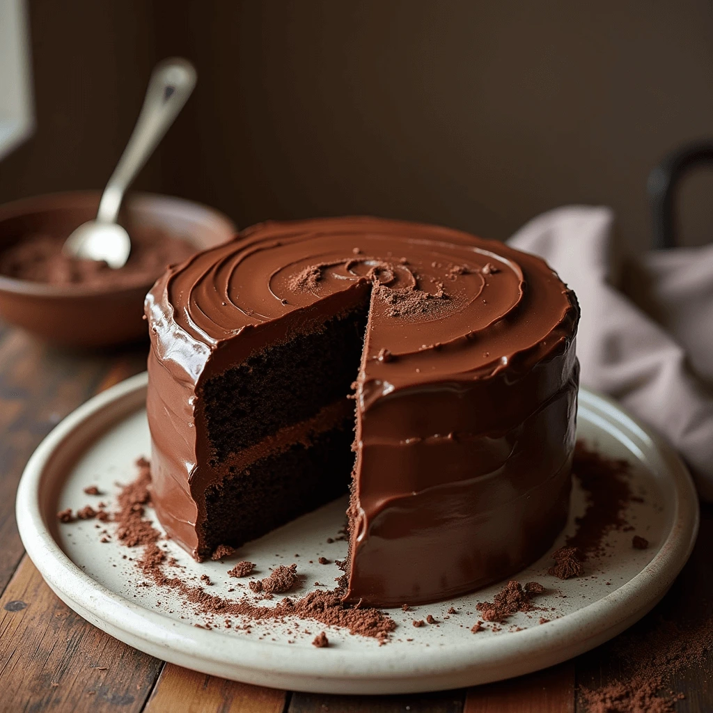 Ingredients for Matilda cake: flour, cocoa powder, eggs, sugar, and chocolate chips for fudge frosting.