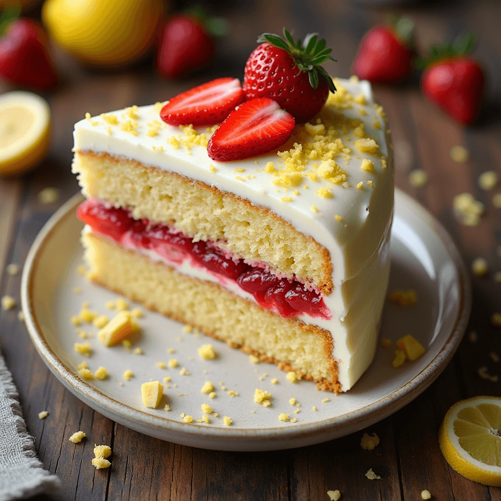 A close-up view of strawberry compote and lemon cream cheese frosting in bowls, highlighting the vibrant colors and textures of the ingredients used in the lemon strawberry cake.