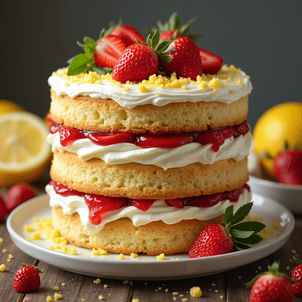 A stunning lemon strawberry cake with visible layers of lemon sponge, strawberry compote, and lemon cream cheese frosting, garnished with fresh strawberry slices and lemon zest, set on a rustic wooden table.