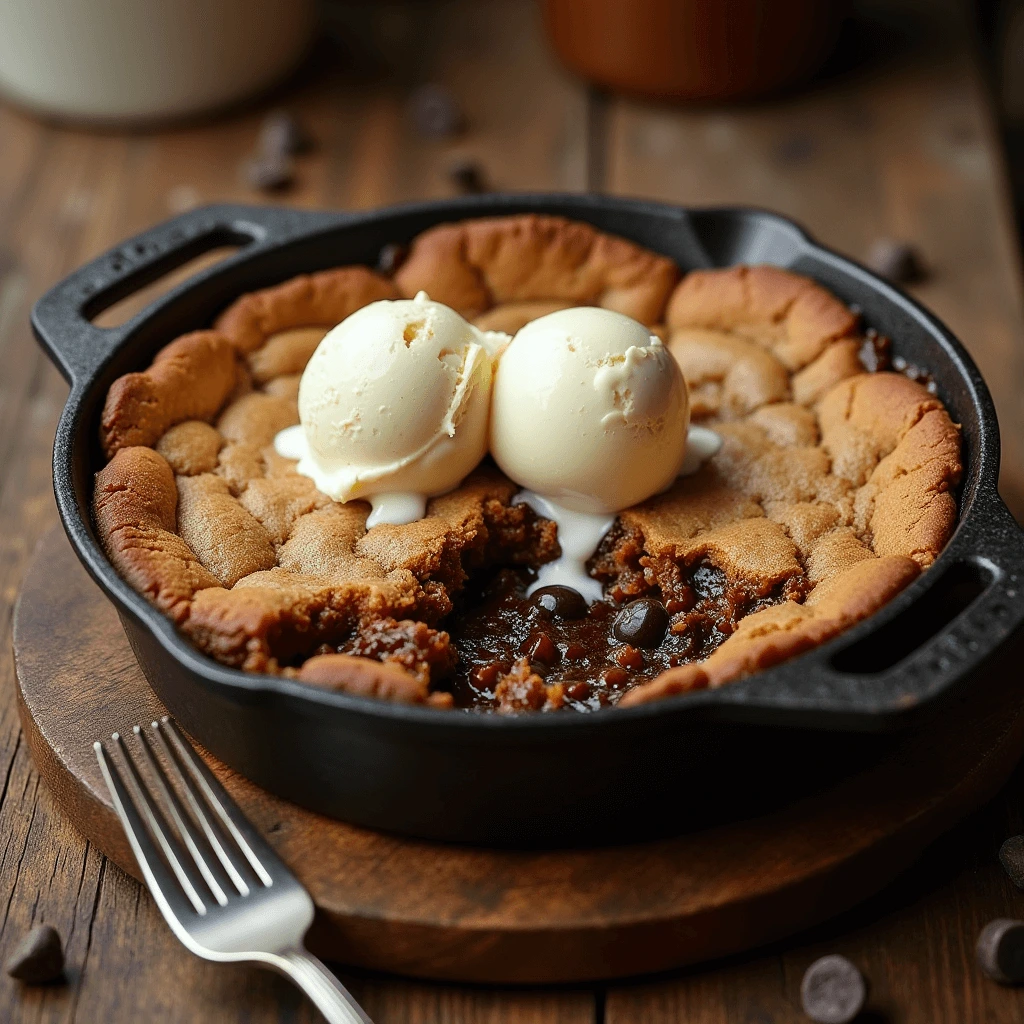 Ingredients for cookie skillet, including chocolate chips, butter, and flour, displayed next to a skillet filled with dough