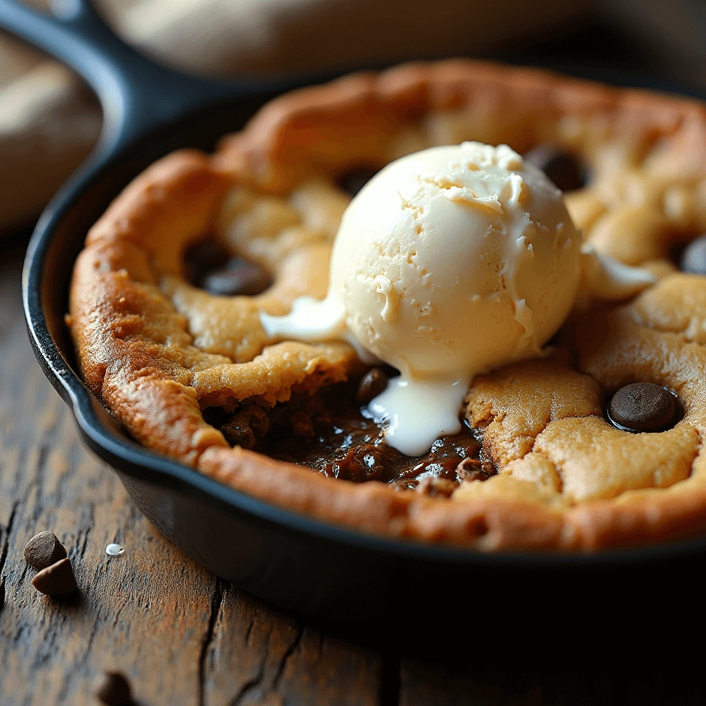 A fork digging into a warm cookie skillet with melted chocolate chips and vanilla ice cream