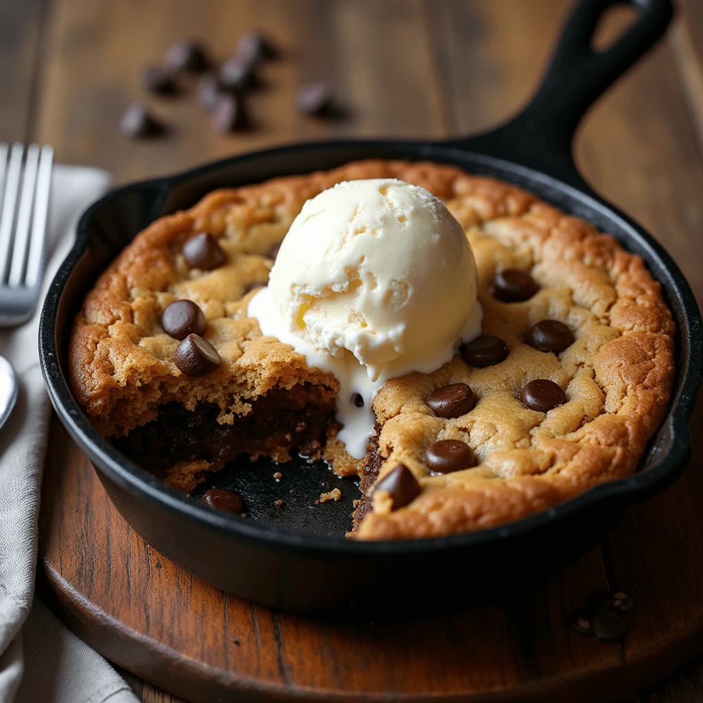 Freshly baked cookie skillet with golden edges and gooey center, topped with a scoop of vanilla ice cream