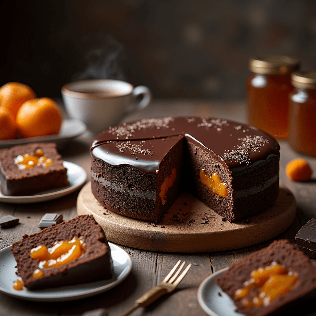 A slice of Sacher Cake showing its rich chocolate layers and smooth apricot jam filling.