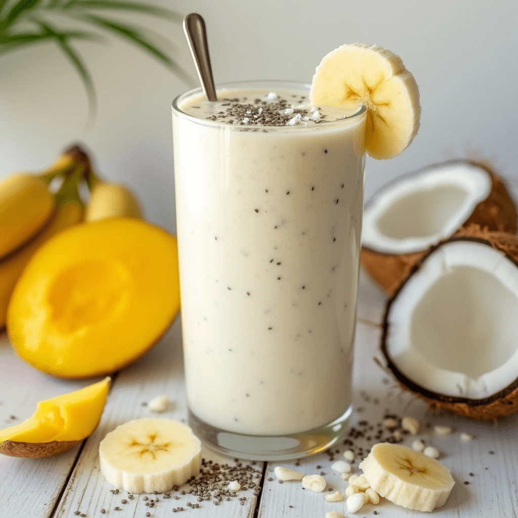 Tropical coconut milk smoothie with mango, banana, and chia seeds, perfect for a healthy breakfast or snack.