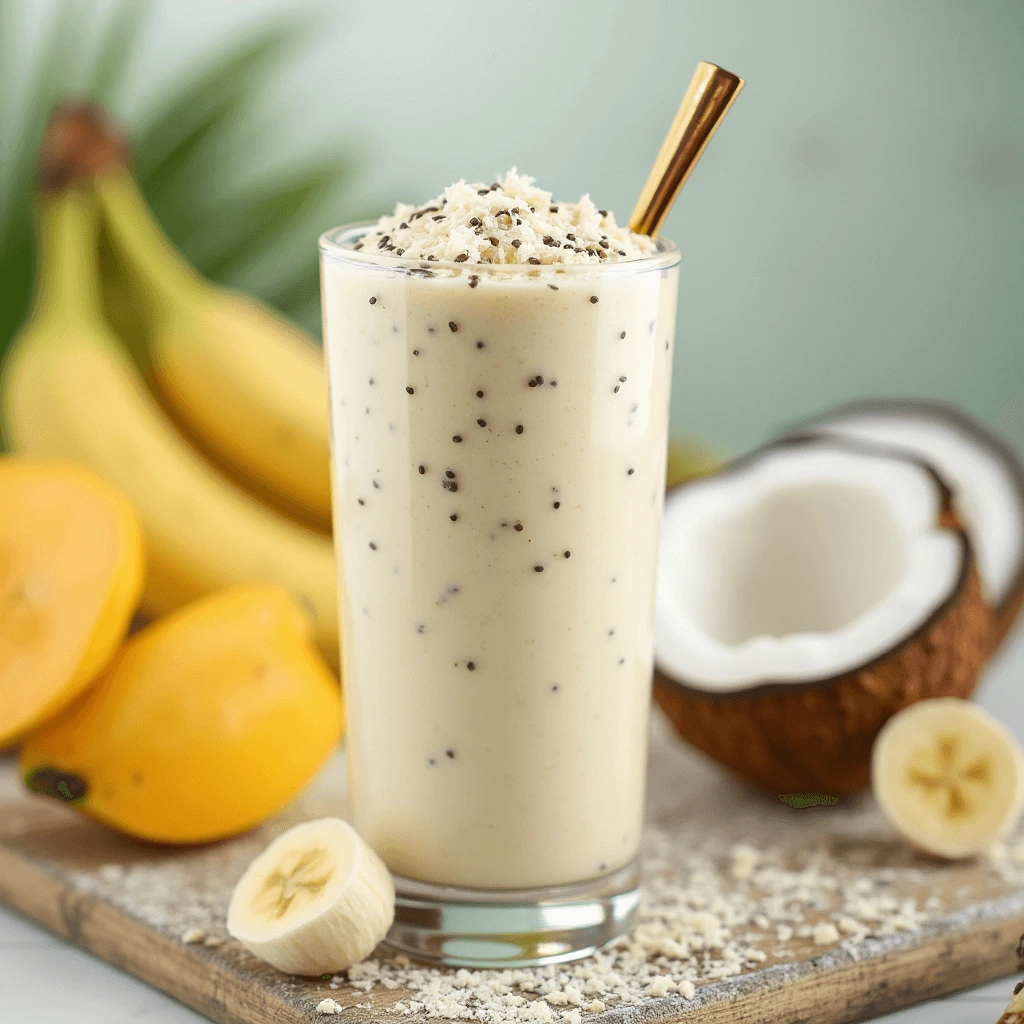 A delicious coconut milk smoothie topped with fresh banana slices, chia seeds, and shredded coconut, served in a tall glass.