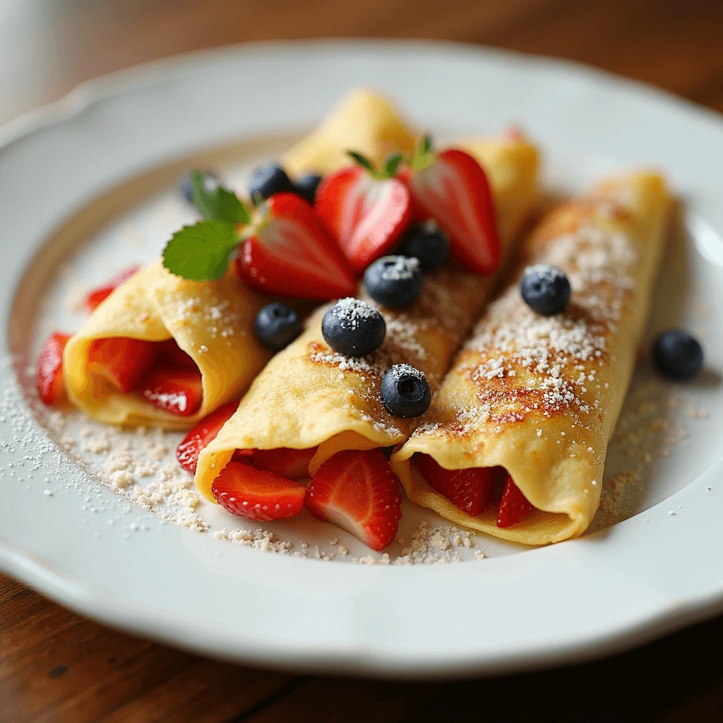 Thin and delicate French crepes being cooked on a non-stick pan, with a spatula flipping one to reveal a golden underside.