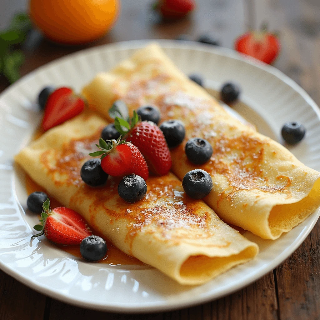 A stack of golden-brown French crepes on a white plate, topped with fresh strawberries and a dusting of powdered sugar.