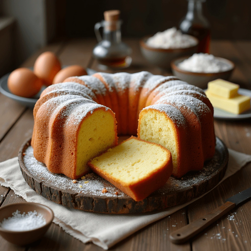 Golden-brown homemade pound cake resting on a cooling rack, surrounded by baking ingredients like eggs, butter, and flour.