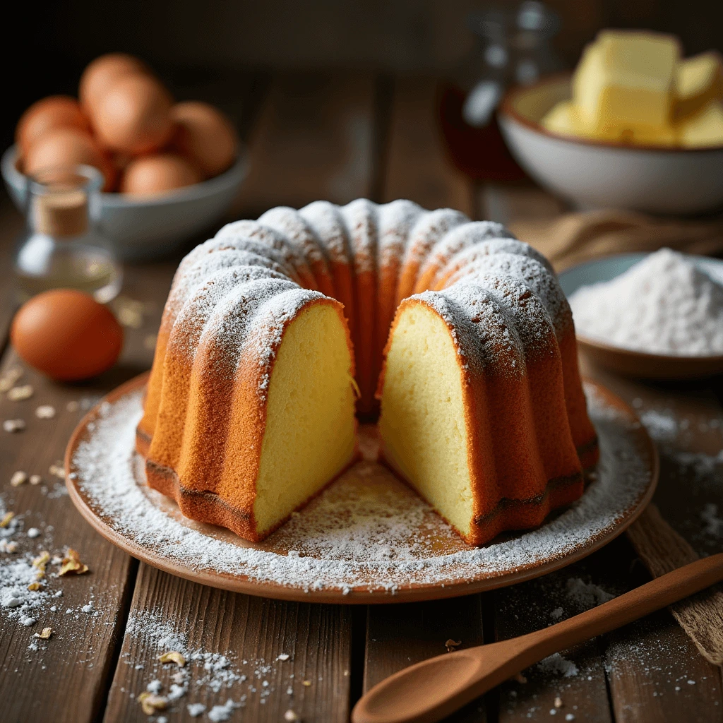 A deliciously moist and buttery pound cake sliced and served on a plate, with a warm, rustic background.