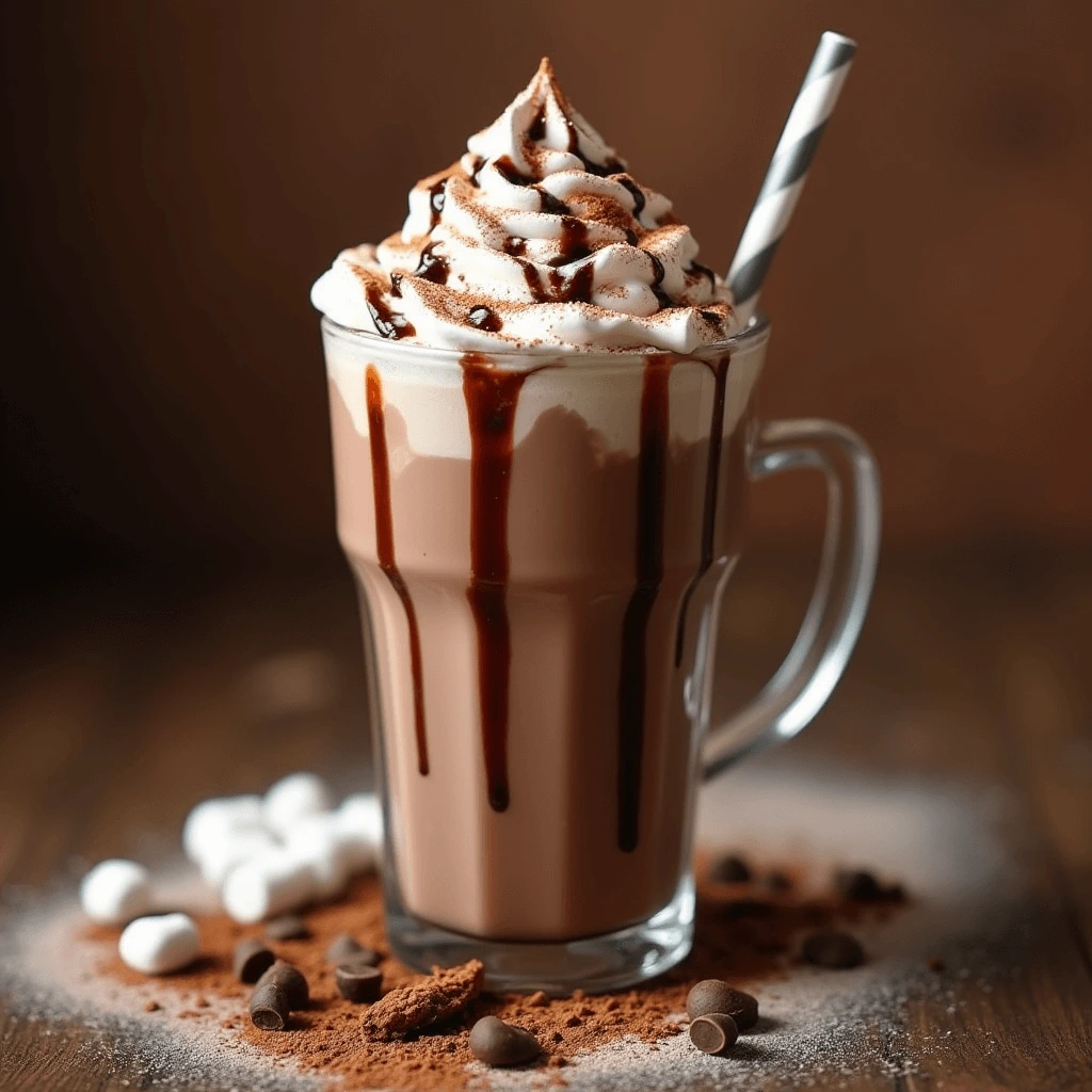 Creamy hot chocolate milkshake with whipped cream, chocolate chips, and a straw served in a cozy setting.