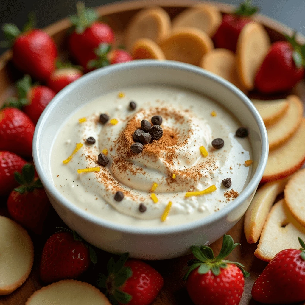 Delicious no-bake Italian cannoli dip served in a rustic bowl, accompanied by fresh fruit and crisp vanilla wafers.