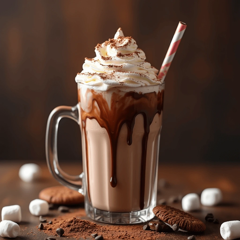 Indulgent hot chocolate milkshake with chocolate syrup drizzle and mini marshmallows for garnish.