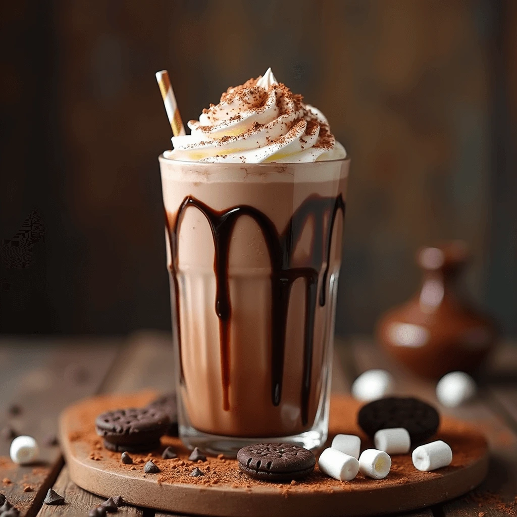 Delicious hot chocolate milkshake topped with whipped cream and marshmallows in a tall glass.