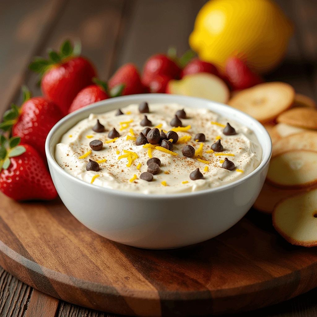 Homemade cannoli dip blending ricotta and mascarpone cheeses, garnished with mini chocolate chips and subtle lemon zest.