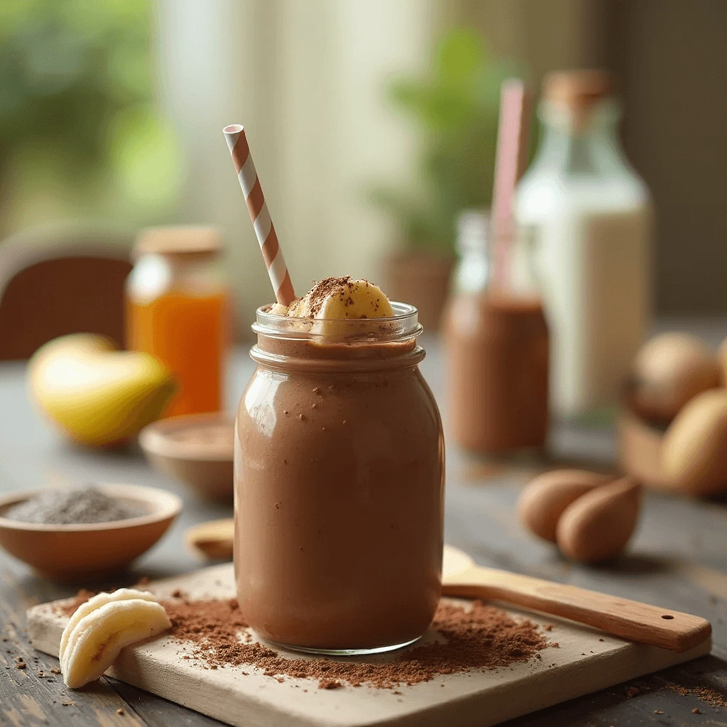 Delicious and healthy chocolate smoothie for kids served in a jar, featuring fresh banana slices and a light dusting of cocoa powder, with natural ingredients artfully arranged around.