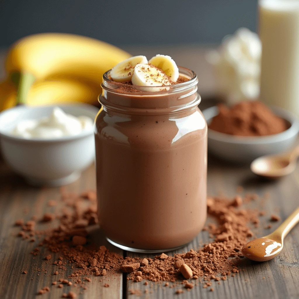 Kid-friendly chocolate smoothie in a clear glass with a straw, garnished with sliced bananas and cocoa dust, with ingredients like milk, cocoa, and banana displayed in the background.