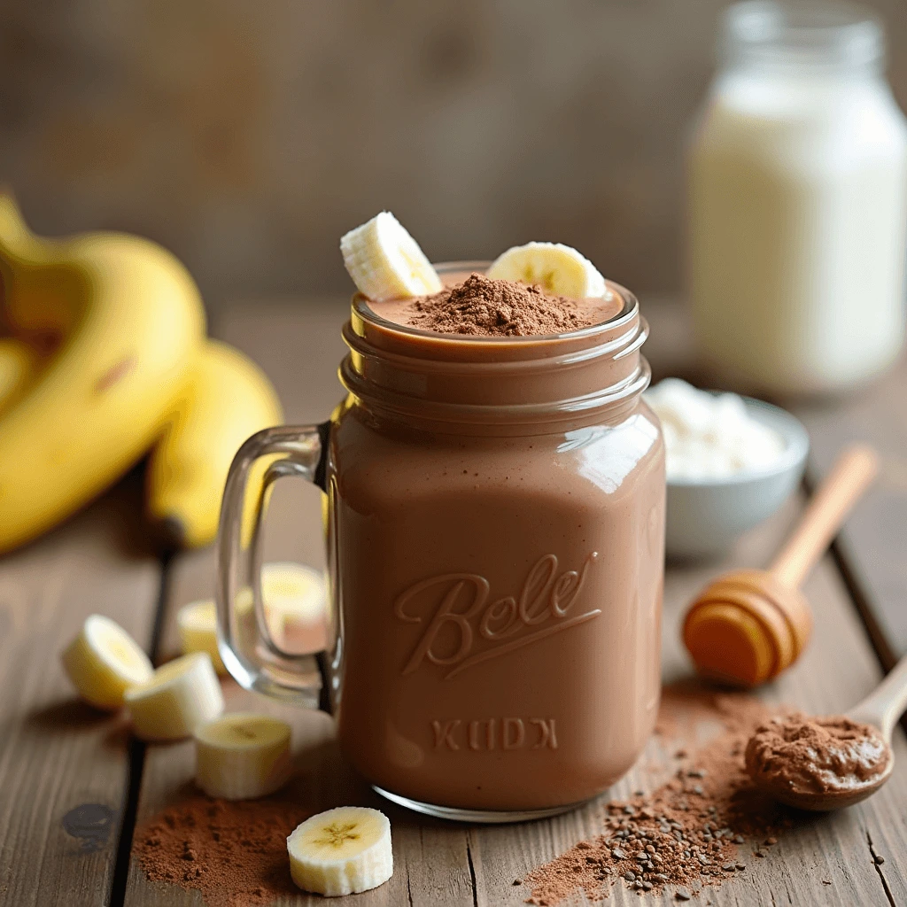 A vibrant glass jar filled with creamy chocolate smoothie for kids, topped with banana slices and a sprinkle of cocoa powder, surrounded by fresh ingredients on a rustic table.