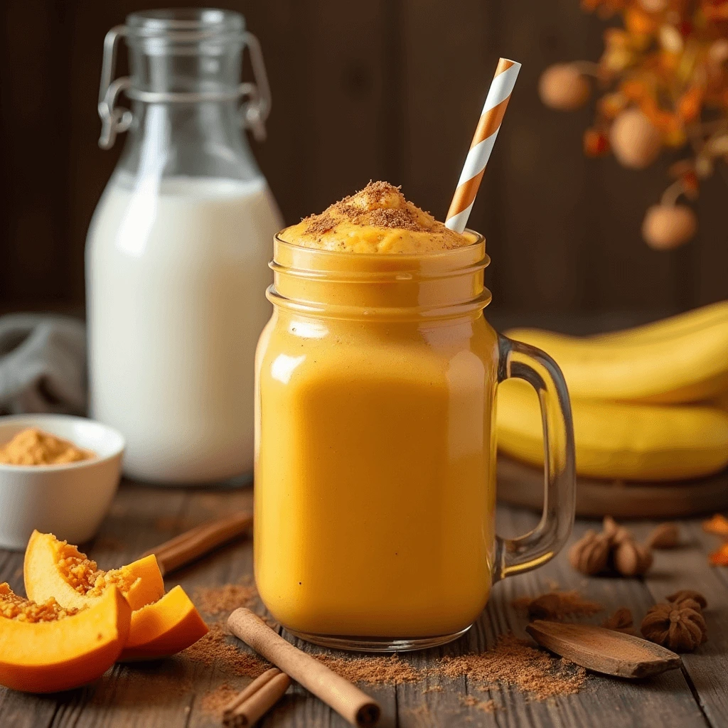 A delicious and thick pumpkin smoothie being poured into a glass, with a sprinkle of cinnamon on top.