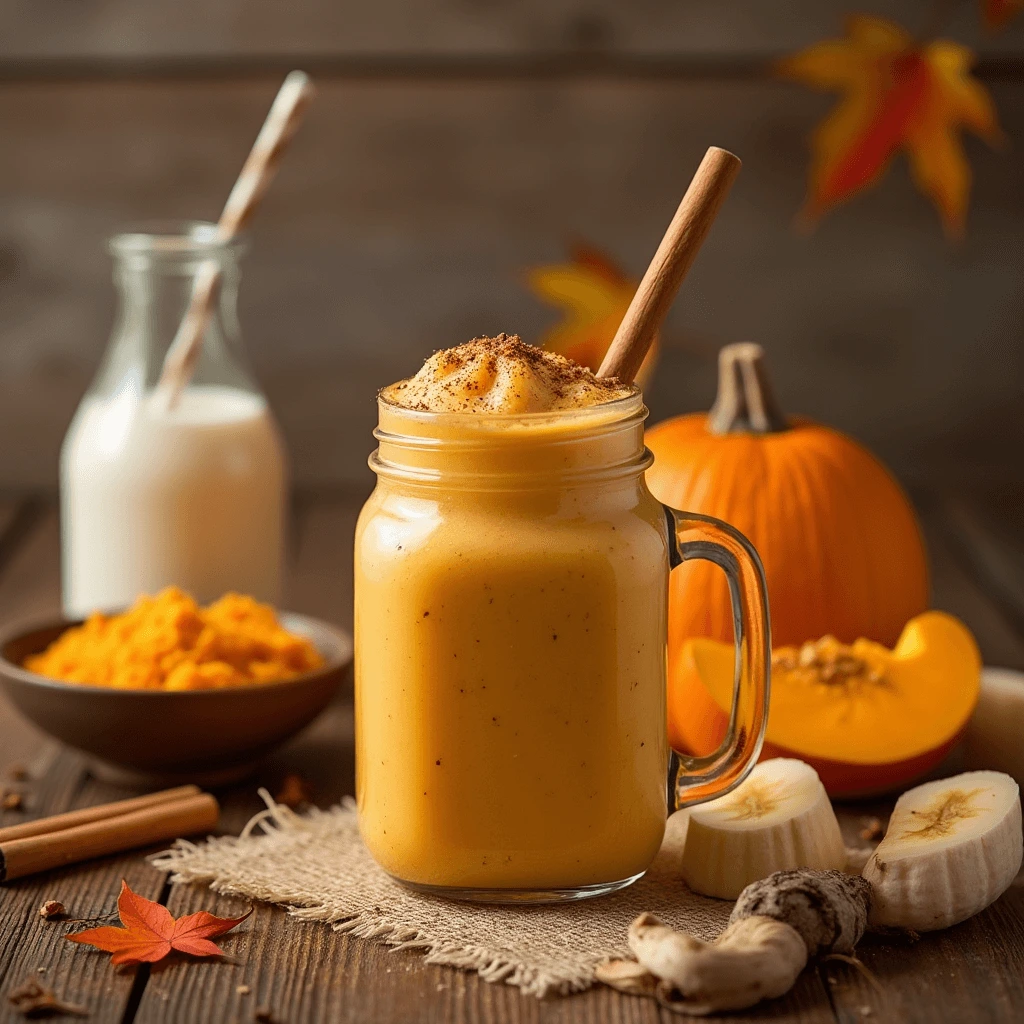 A glass of pumpkin smoothie with banana slices, pumpkin purée, and almond milk in the background.