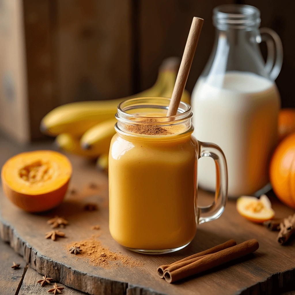 A creamy, orange-colored healthy pumpkin smoothie in a mason jar, topped with cinnamon and surrounded by fall spices.