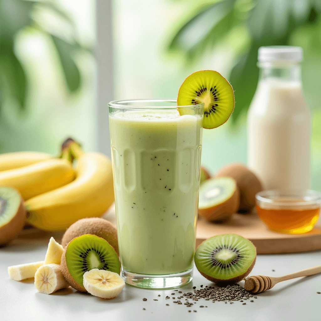 A tall clear glass filled with a creamy banana kiwi smoothie, garnished with a fresh kiwi slice and banana rounds, surrounded by scattered ingredients like whole bananas, kiwi fruit, almond milk, and chia seeds on a bright background.