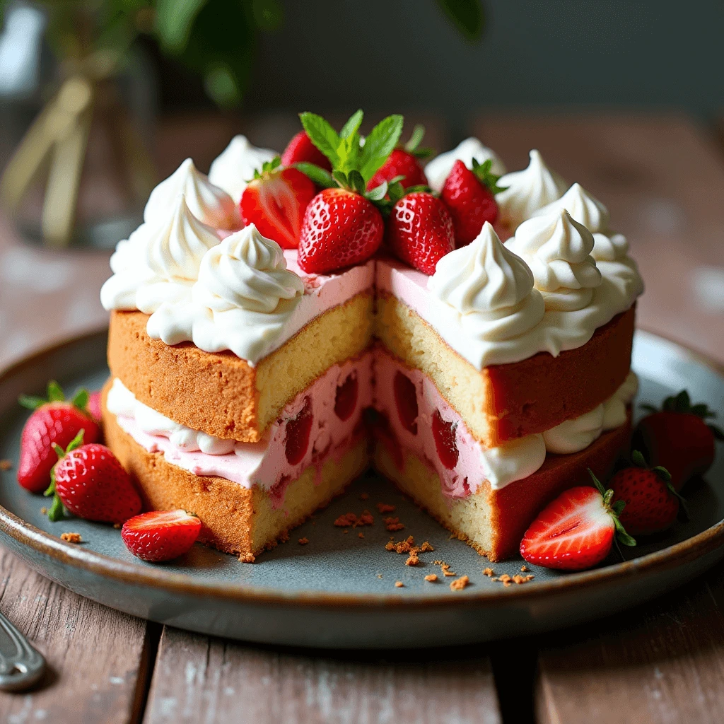 Close-up of a freshly baked strawberry tres leches cake with whipped cream topping, decorated with strawberry slices and mint leaves.