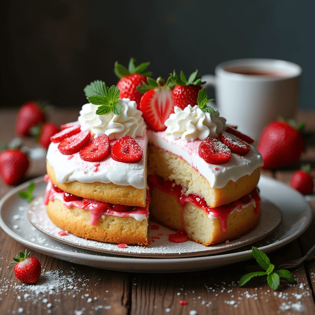 Step-by-step view of preparing a strawberry tres leches cake, featuring the mixing of ingredients and the final plated dessert.