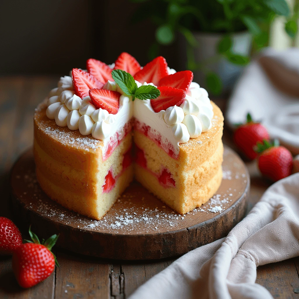 A sliced strawberry tres leches cake showcasing its moist sponge layers, milk-soaked interior, and fresh strawberry garnish.