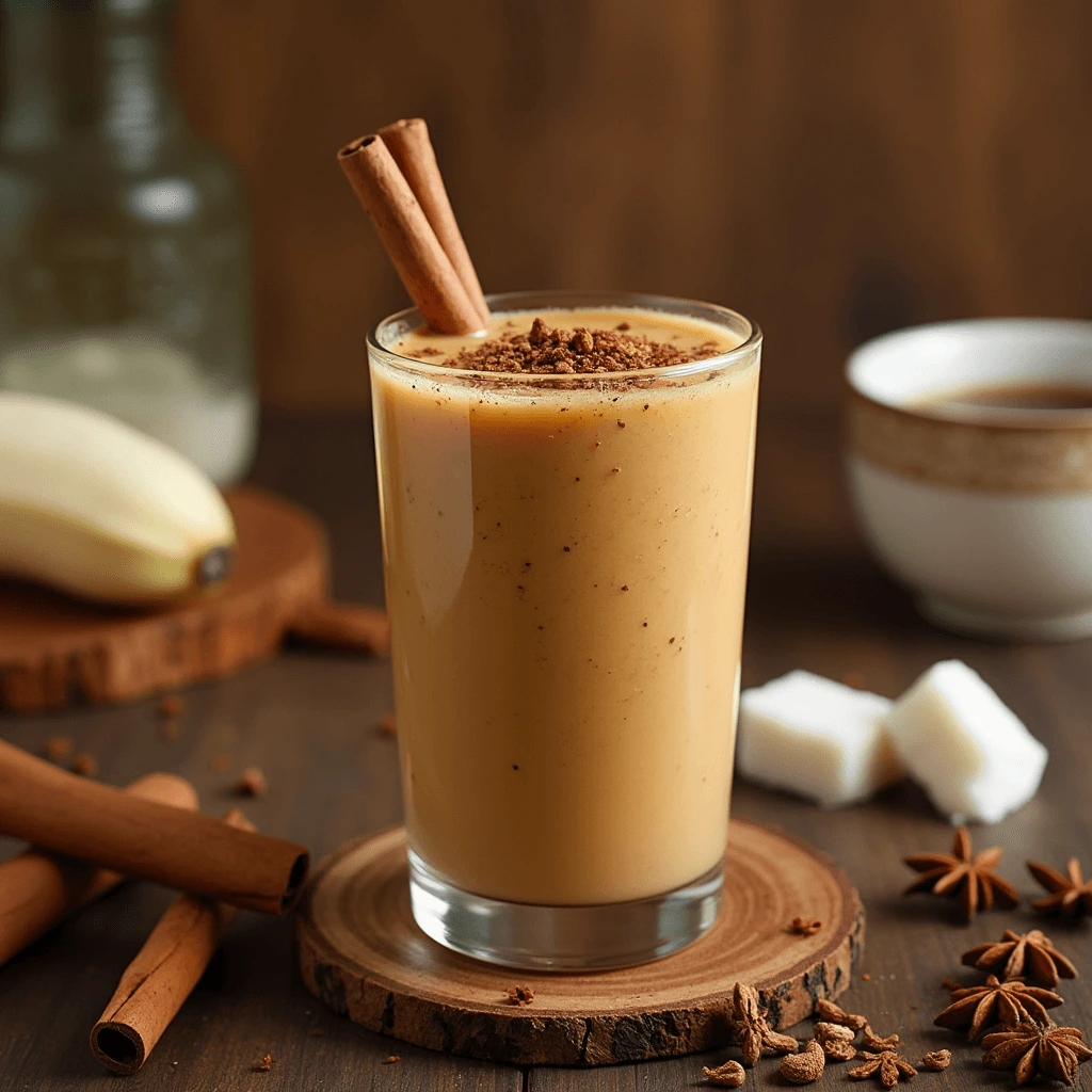 Close-up of a creamy Masala Chai Smoothie with spices like cinnamon and ginger, garnished with a slice of banana.