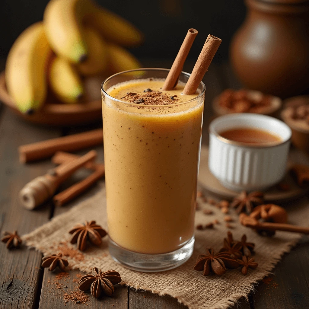 A refreshing Masala Chai Smoothie topped with cinnamon sticks and cardamom, served in a clear glass.