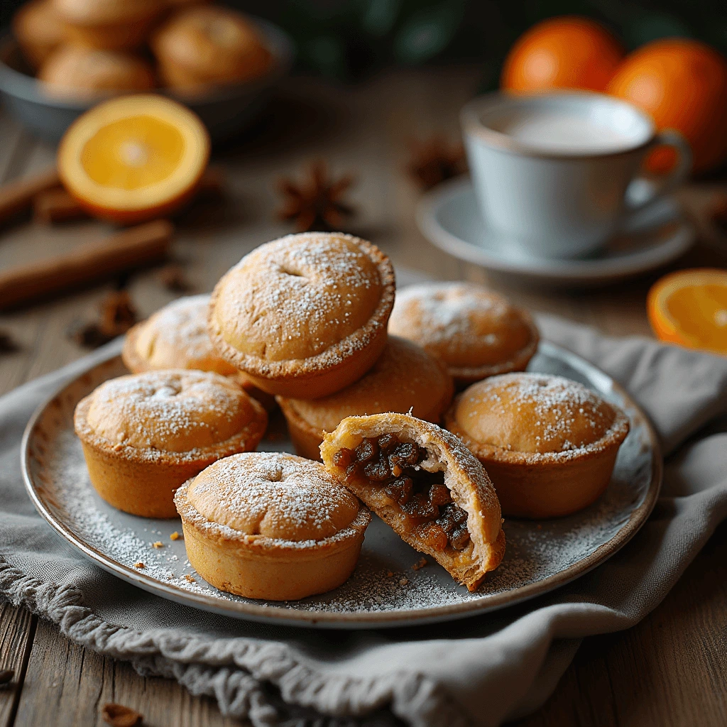 Freshly baked homemade mince pies cooling on a wire rack, dusted with powdered sugar.