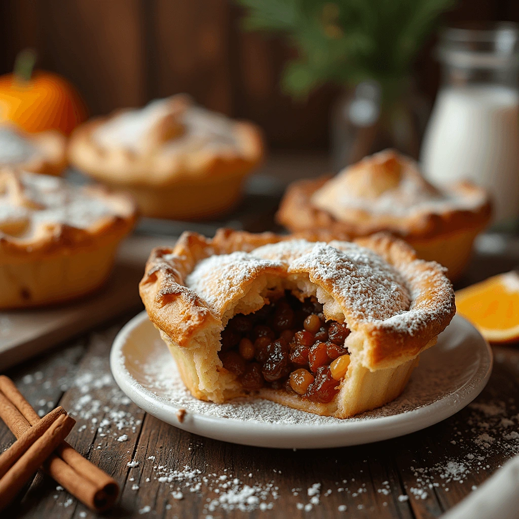 A homemade mince pie cut in half, revealing a rich, spiced fruit filling made with raisins, currants, figs, and apples.