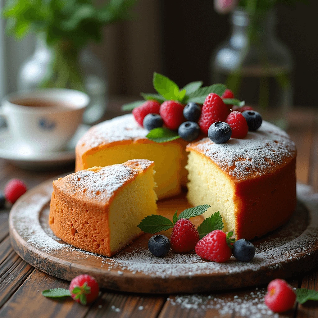 Slice of almond cake with a delicate crumb and garnished with mint leaves.