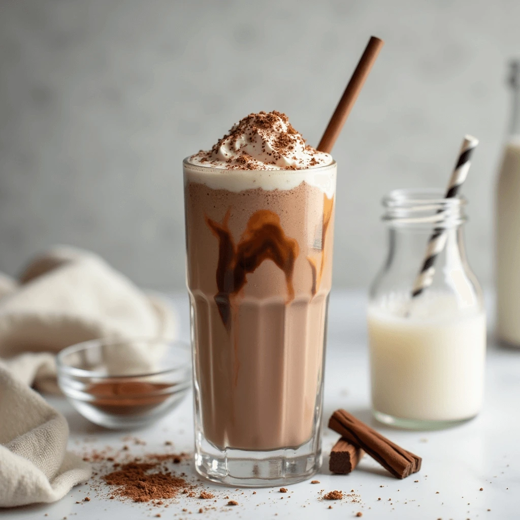 Glass of Nutella milkshake with creamy swirls and a drizzle of Nutella, surrounded by milk, ice cream, and a jar of Nutella on a clean countertop.