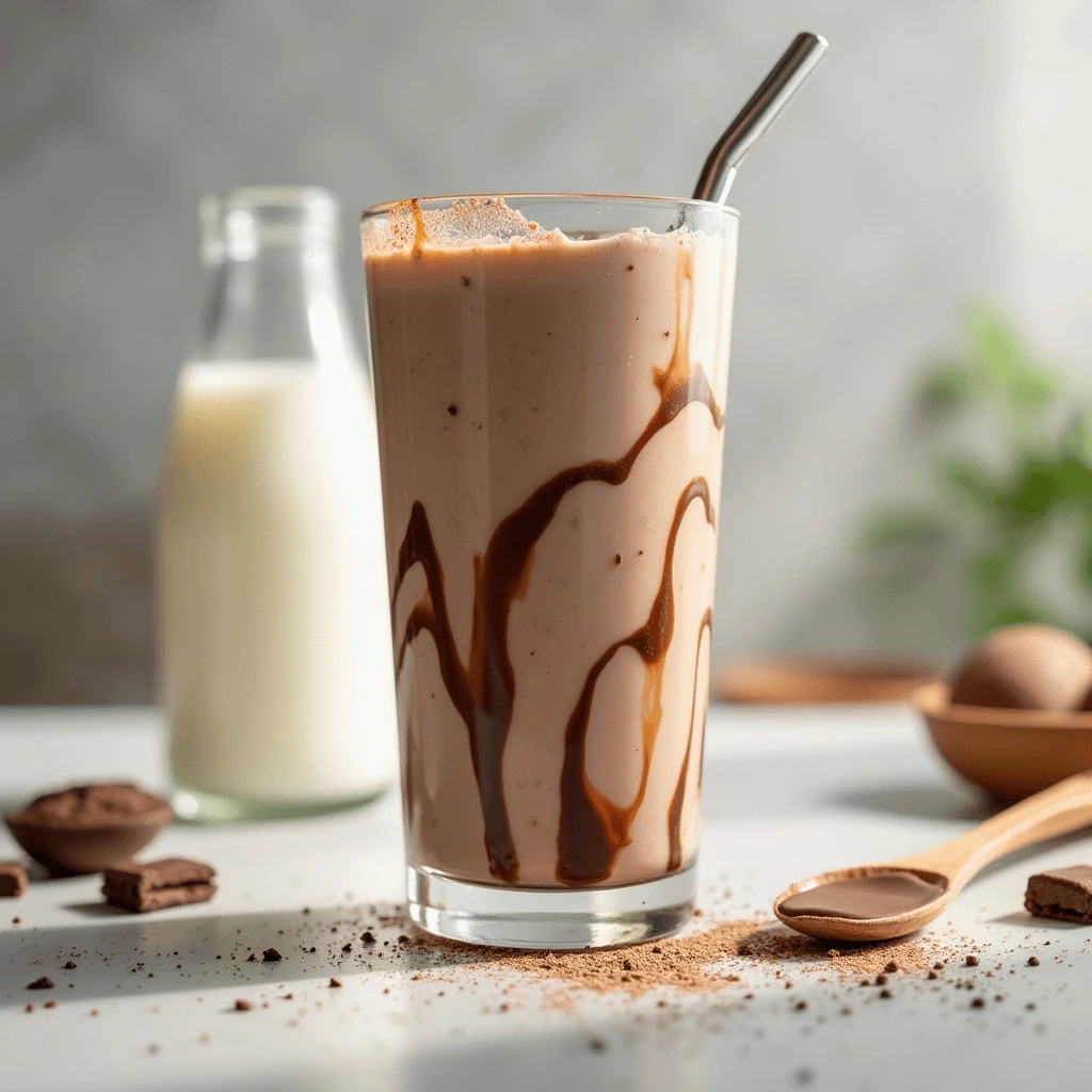 Decadent Nutella milkshake in a tall glass, featuring visible Nutella ribbons and a light cocoa dusting, with vanilla ice cream and milk displayed in the background.