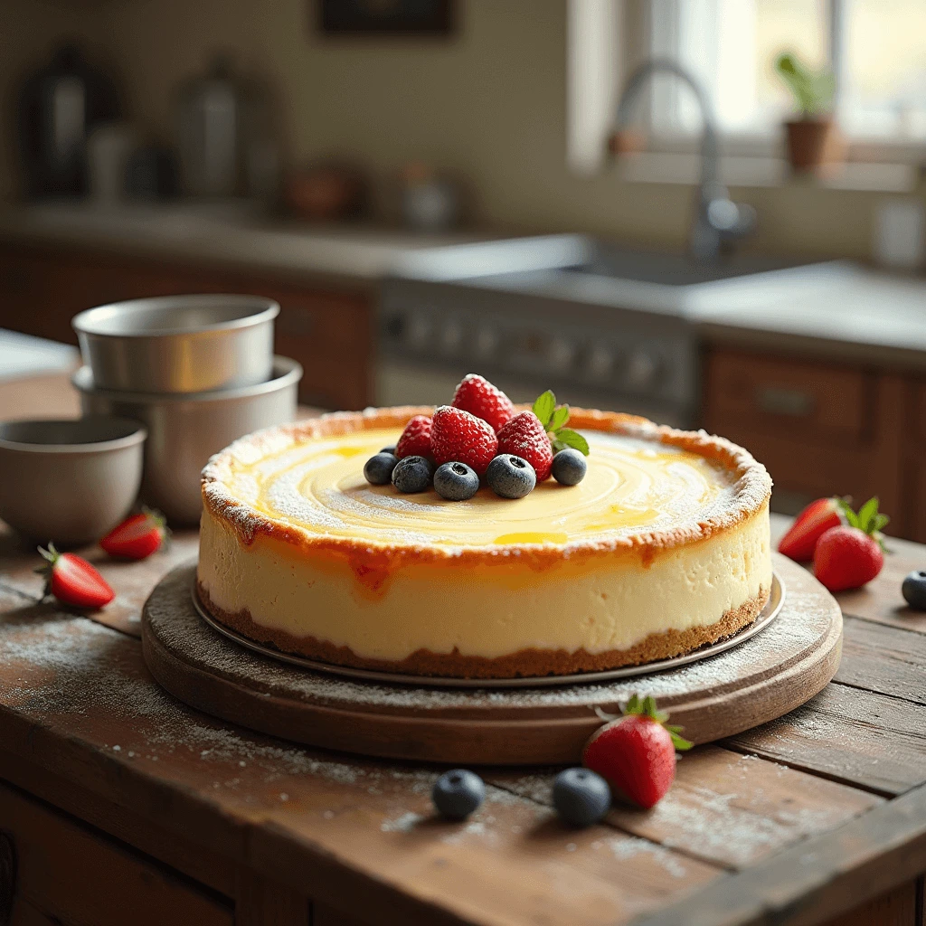 Essential ingredients and baking tools for New York Cheesecake including cream cheese, sour cream, graham cracker crumbs, and a springform pan.