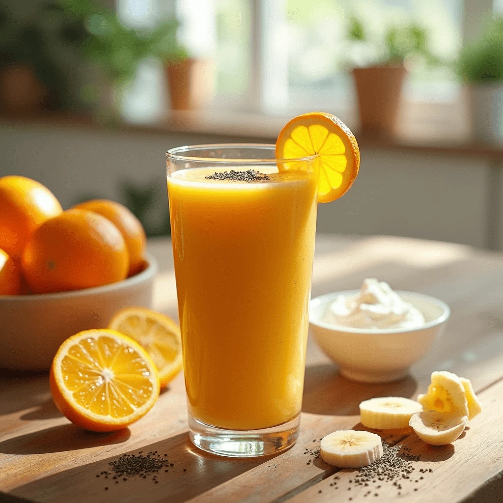 A tall glass of orange smoothie with a creamy texture, decorated with an orange wheel garnish and surrounded by fresh oranges, banana, and almond milk, showcasing a vibrant healthy drink.