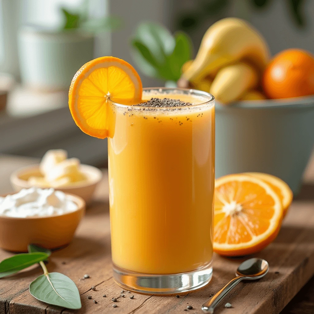 Close-up view of a creamy orange smoothie in a glass, adorned with a thin slice of orange and a sprinkle of chia seeds, with fresh ingredients like oranges and almond milk in the background.