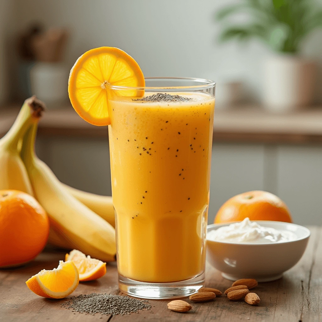 A refreshing orange smoothie in a clear glass, garnished with an orange slice and chia seeds, placed on a rustic wooden table with fresh orange segments and almond milk visible in the background.