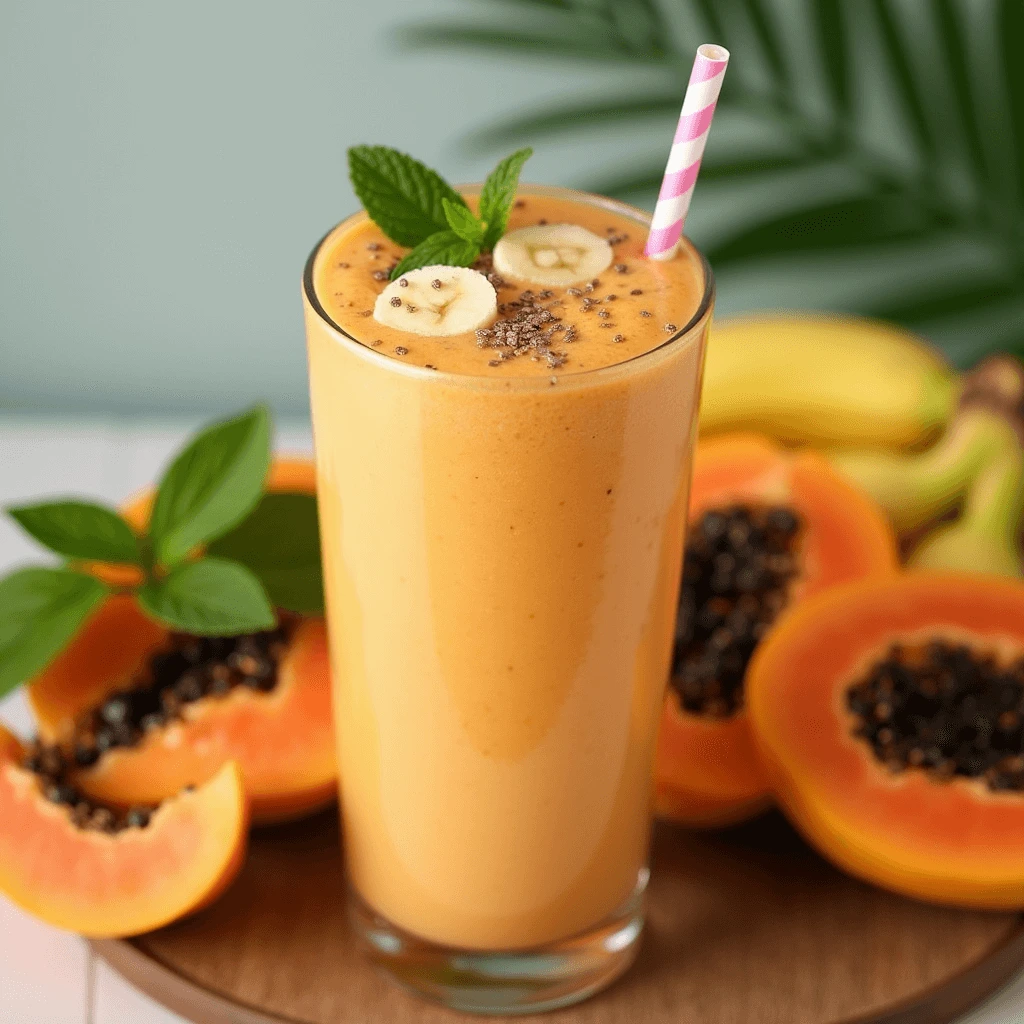 Delicious papaya smoothie topped with fresh papaya slices and a sprinkle of chia seeds.