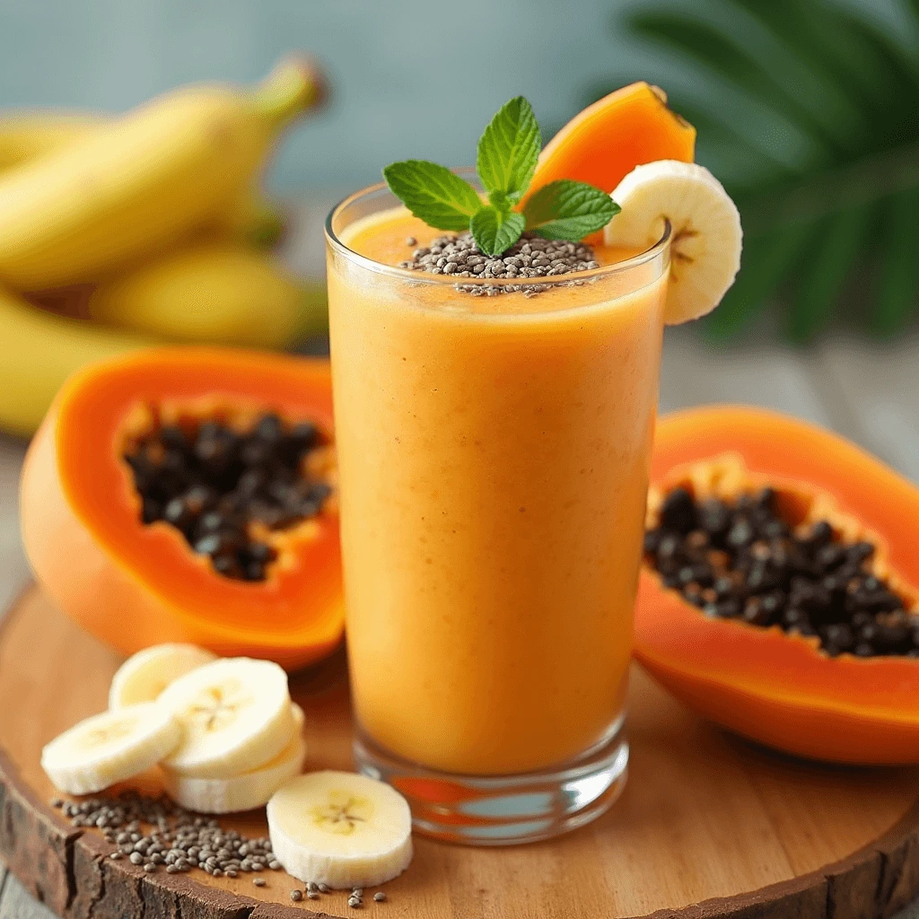 Healthy and creamy papaya smoothie in a glass with tropical fruits on the side.