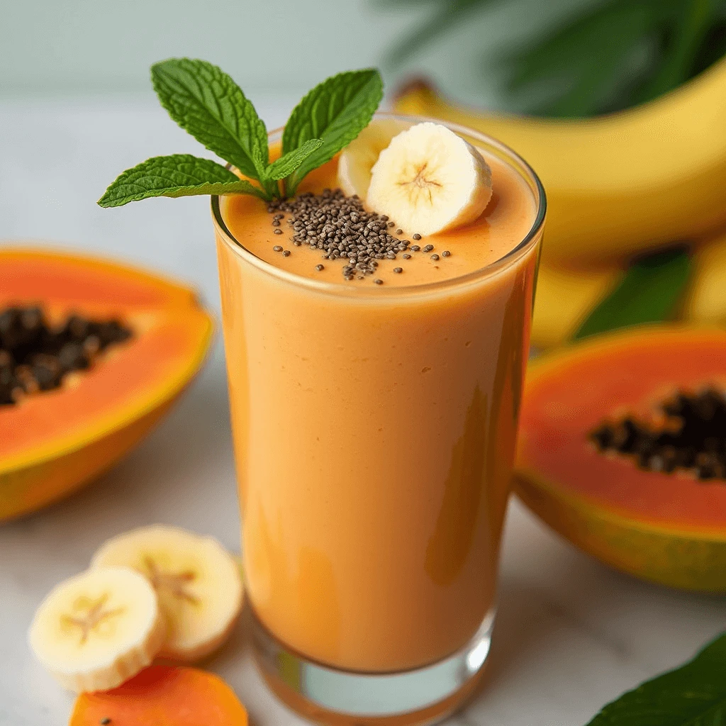 Fresh papaya smoothie with banana, chia seeds, and a tropical garnish of mint.